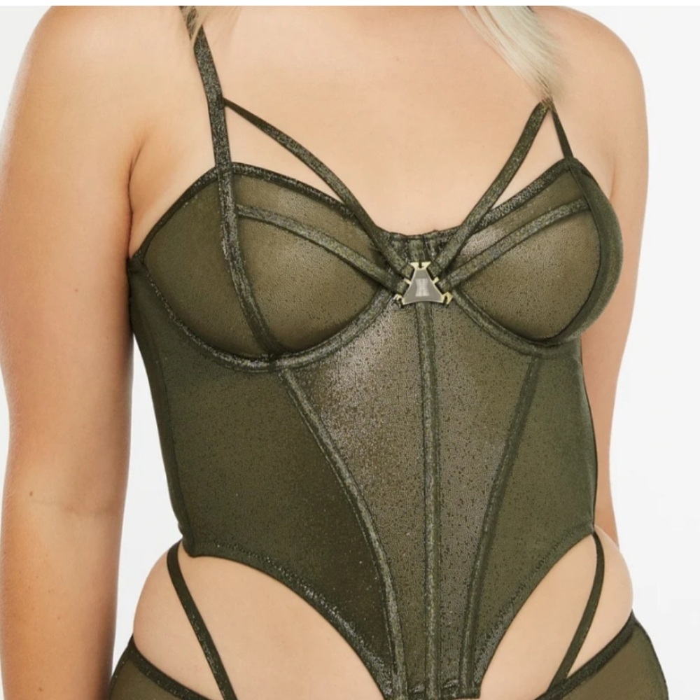 Savage X Fenty Forest Green Platinum Shiny Foil Mesh Bustier 1X